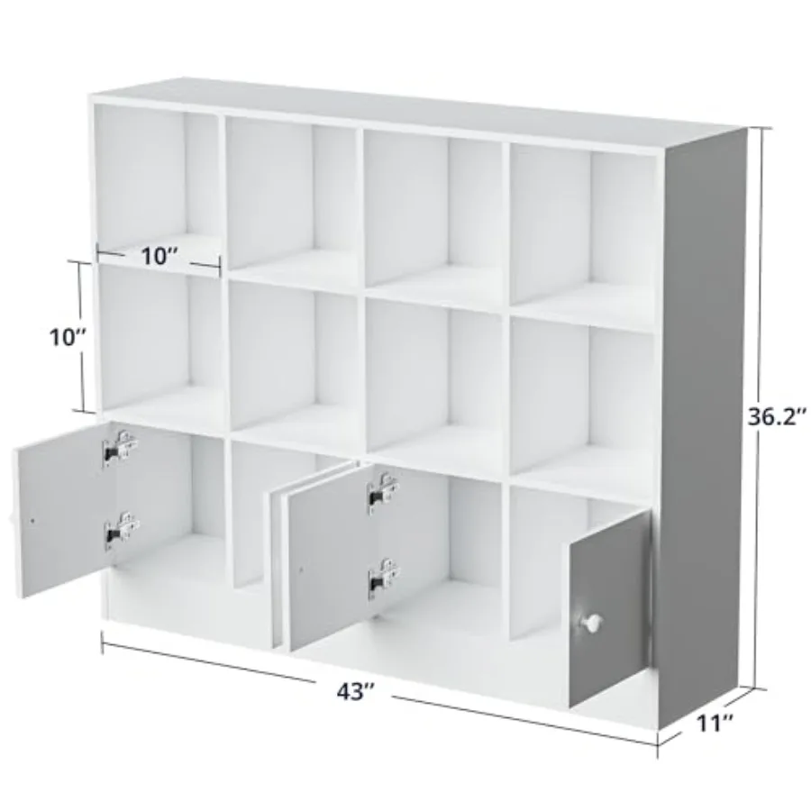Wood bookcase for living room, home office, entryway: 12-cube display shelf with 4 doors, 3-tier open design, adjustable shelve