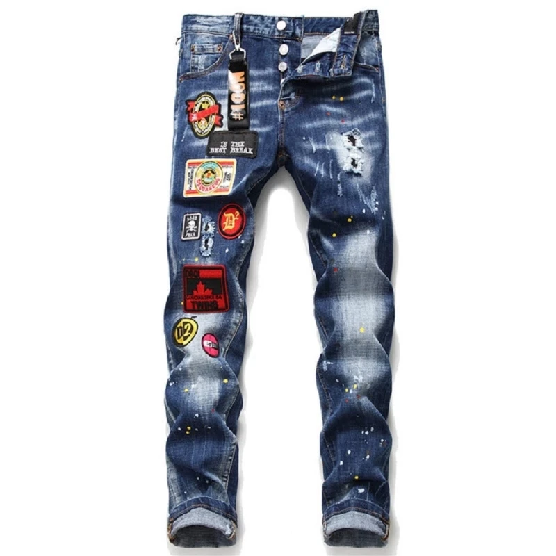 

Autumn Winter New Broken Hole Splashed Paint Slim Jeans Stick Cloth Elastic Blue Beggar Trousers Denim Pants