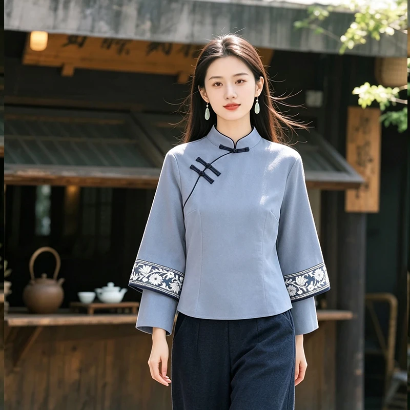 New Chinese Style National Trend Set Women's Improved  Top Autumn 2026 Republic of China Button Tea Costume Wide Leg...