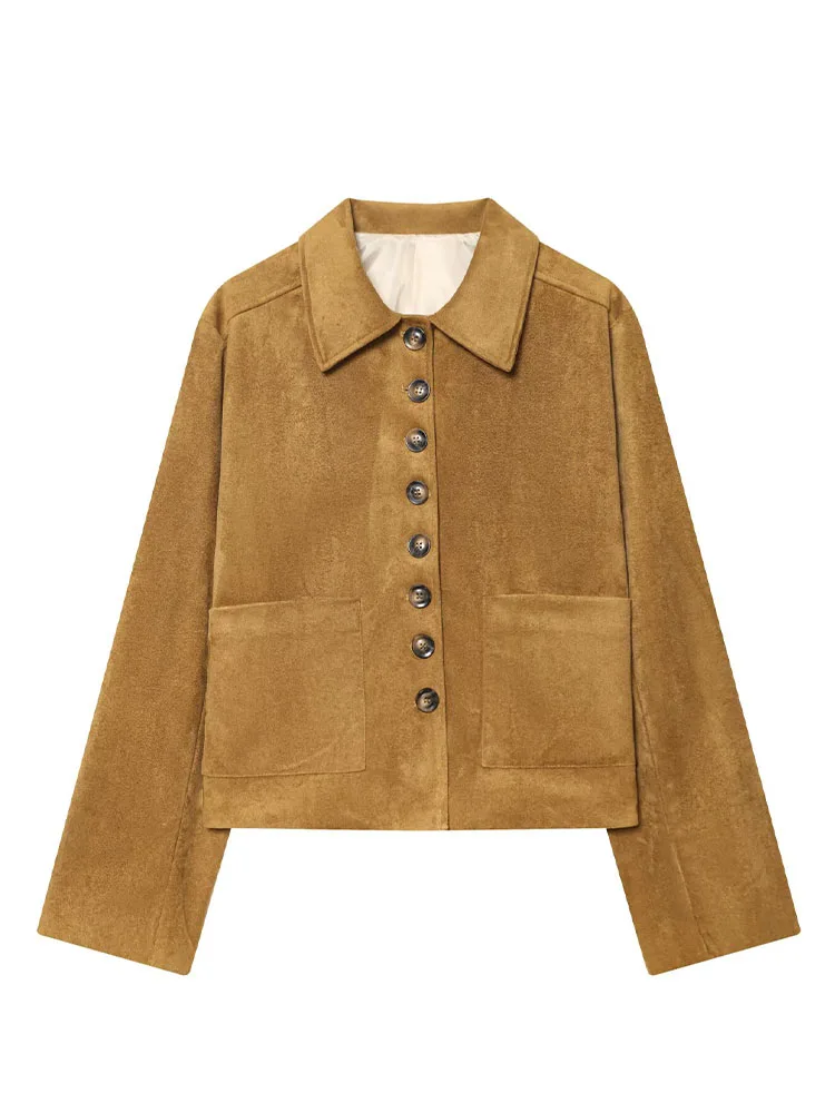 HH New Woman Winter Fashion Long Sleeves Single Breasted Suede Pocket Decoration Short Coat Female Casual Street Style Jacket