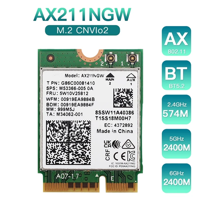 Supernew AX211NGW WiFi 6E M.2 Key E CNVio2 Tarjeta de red inalámbrica de doble banda 2,4 Ghz/5 Ghz 802.11Ac Adaptador Bluetooth 5,2