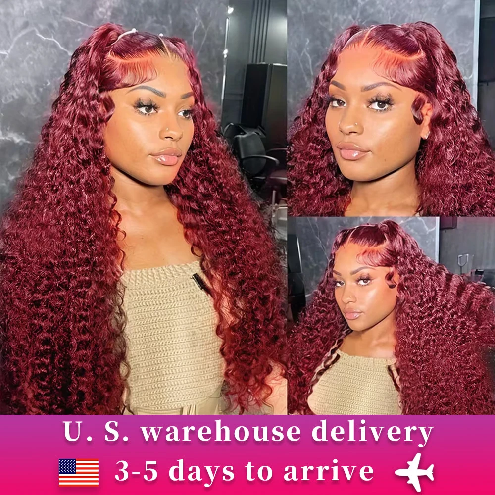 250 Density 30 40 Inch 99J Burgundy Deep Wave 13x4 Lace Front Human Hair Wig 13x6 Lace Frontal Red Curly Wigs Remy For Women