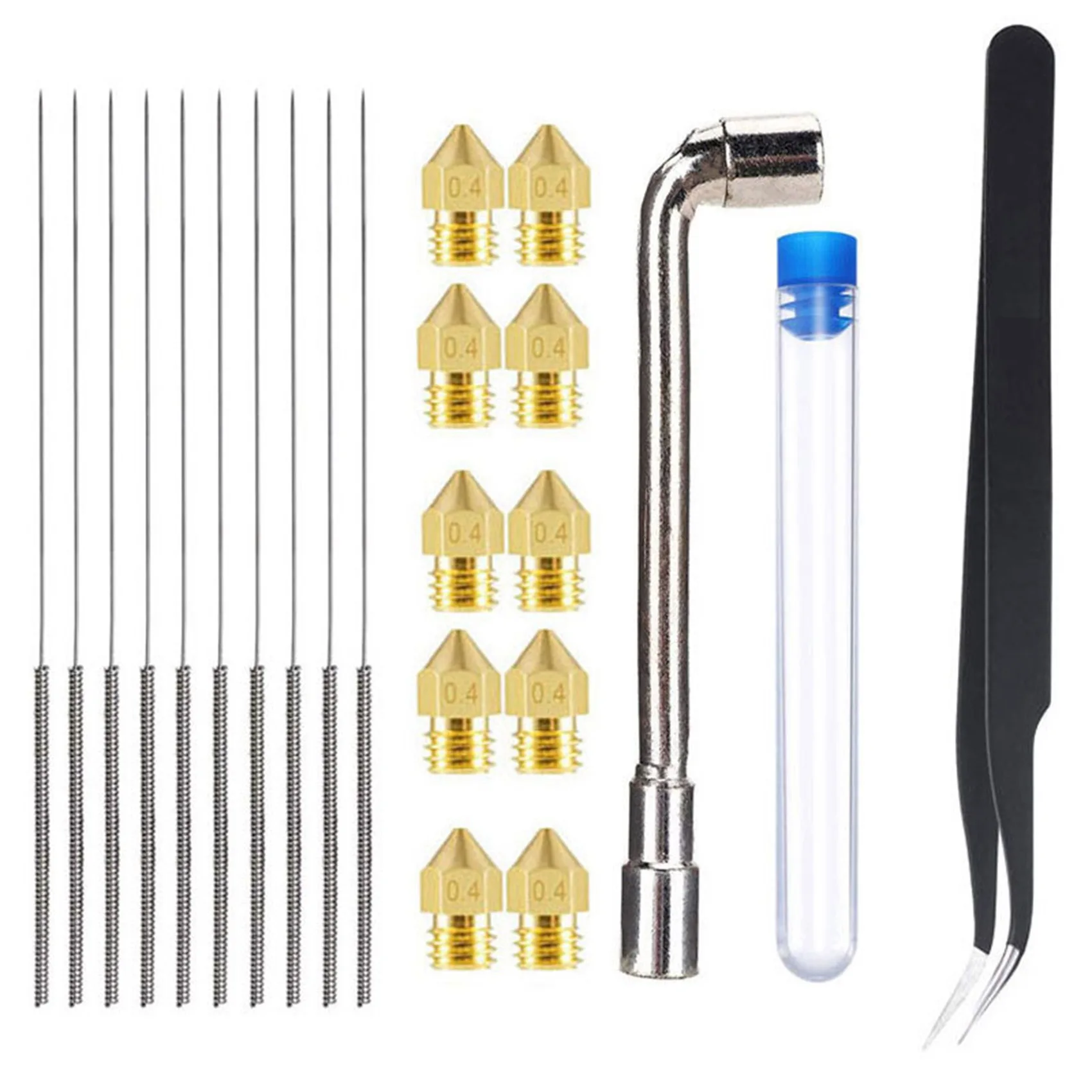 For Most 3D Printer Nozzle Cleaning Kits, 10X0.35mm Cleaning Needle, 10X0.4mm Brass Nozzle, 1Xtweezers, 1Xnozzle Wrench,