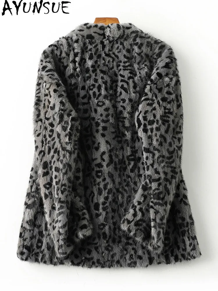 AYUNSUE Mink Real Fur Coat Winter Jacket Women Clothing Fashion Woman Coats Patchwork Mink Leopard Print Slim Fit Пальто Женское