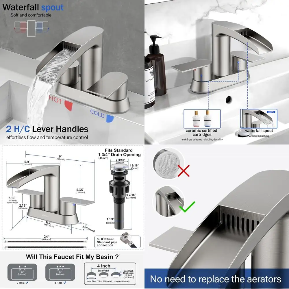 

3-Hole, 4 Stainless Steel 2-Handle Waterfall Faucet with Pop-Up Drain for Bathroom Sink in Brushed Nickel