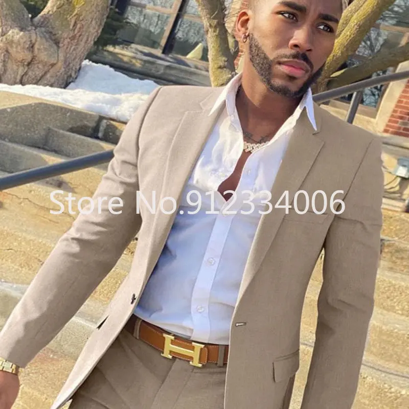 2 Pieces Beige Suit for Men Slim Fit Wedding Groom Tuxedo Groomsmen Suits Male Fashion Smoking Costume Homme Blazer with Pants - Image 2
