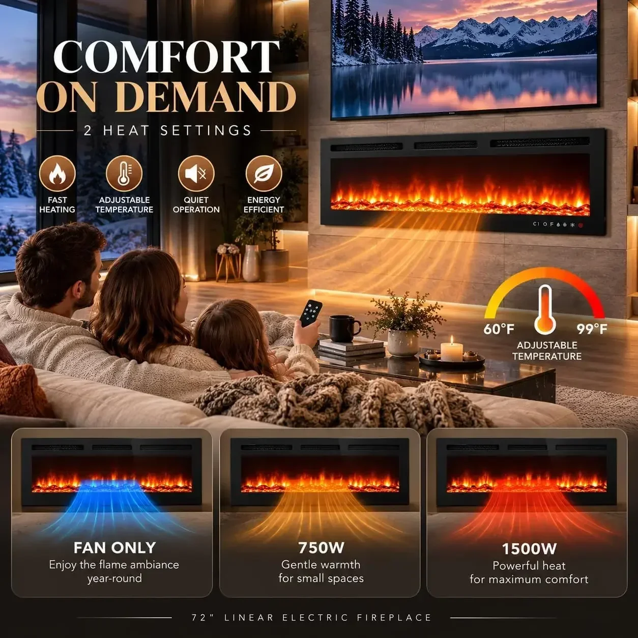 80Inch Electric Fireplace Recessed & Wall Mounted Heater Extra Wide Flame Display 12 Flame Colors 120V /750W/1500W Heating Remote Control Realistic Effects for winter home decor