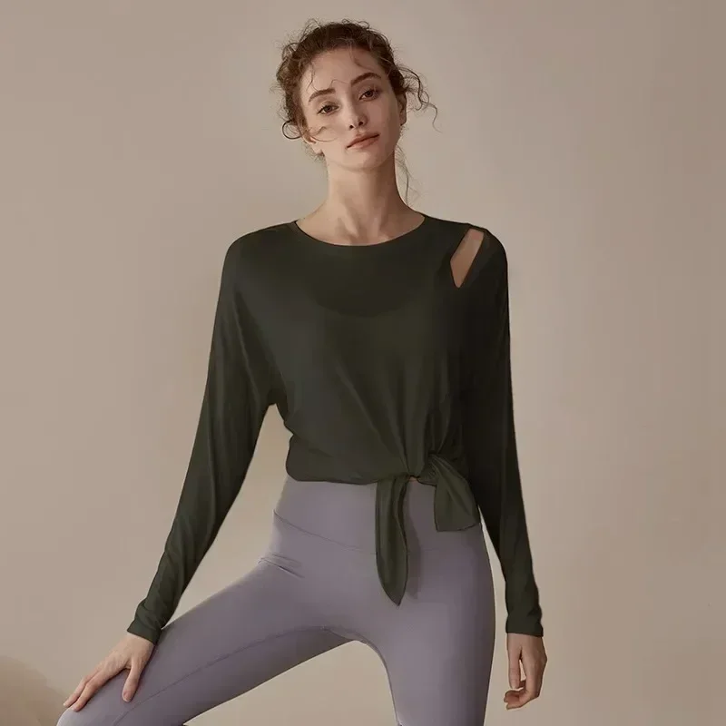 Kadın Yoga Üstleri İlkbahar Sonbahar Yeni Gevşek fit Eğitim Pilates Spor Üst Uzun Kollu Yan Yarık Sıkma Spor Kapak Ups