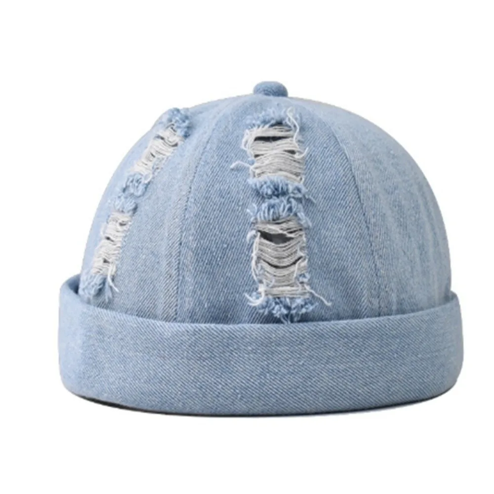 

Fashion Denim Brimless Hat Old Holes Dome Melon Docker Cap Solid Color without Visor Bucket Cap Outdoor