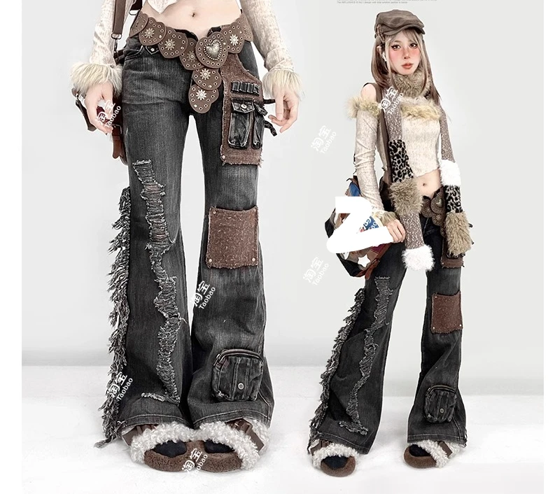 Pantalones vaqueros acampanados con múltiples bolsillos para niñas, sexys, de tiro bajo americano, industria pesada, pantalones de pierna recta rasgados versátiles a la moda para primavera y otoño