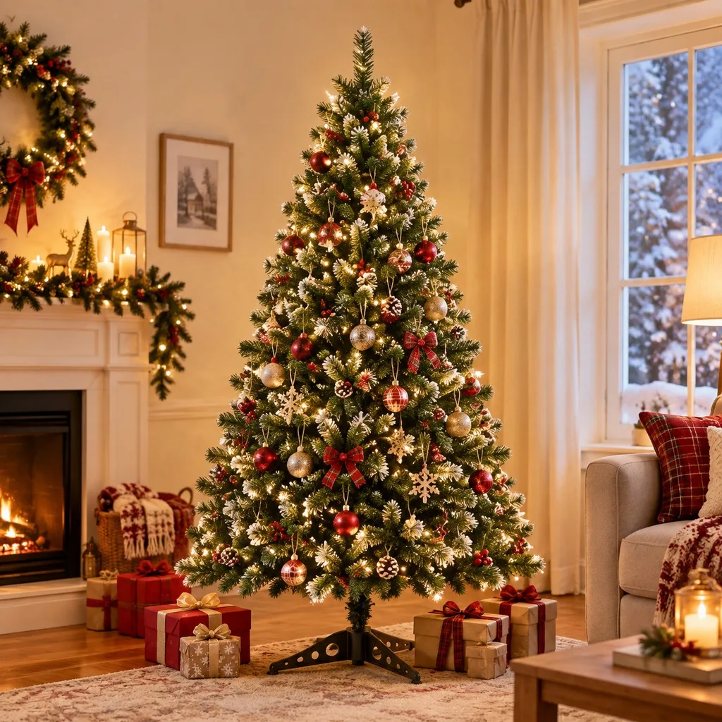 Albero di Natale artificiale con effetto innevato, pigne e bacche rosse, decorazione natalizia per soggiorno e casa, disponibile in altezze di 150 cm, 180 cm e 210 cm, con base in plastica stabile.