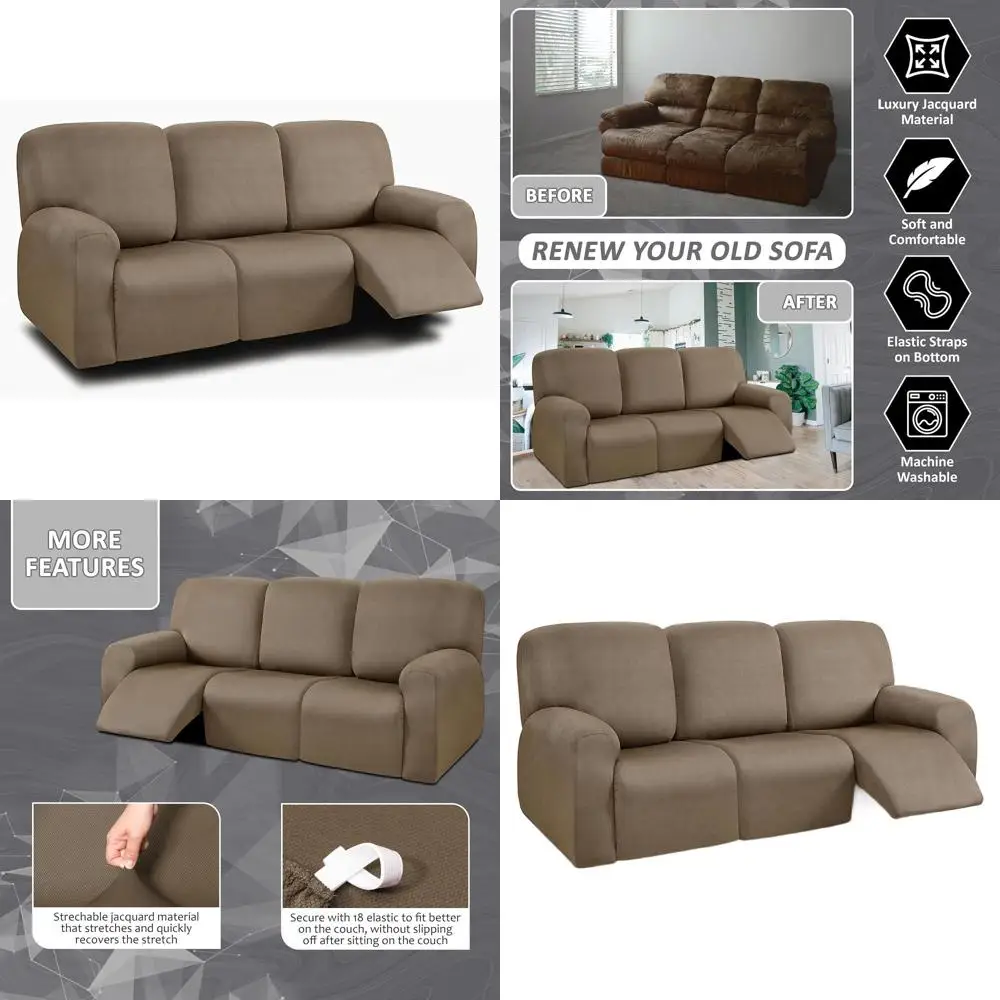 

8-Piece Recliner Sofa Covers, Stretchable Yarn-Dyed Slipcovers for 3-Cushion Reclining Couches, Thick, Washable (Sand)