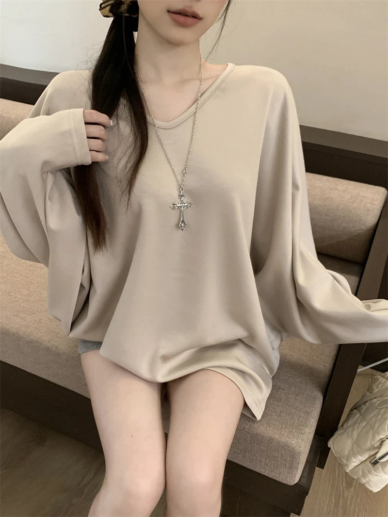 한국 스타일 가을 배트윙 슬리브 스웨트셔츠 레이지 스타일 하이 에너지 루즈 캐주얼 스웨트셔츠 편안한 루즈핏 스트리트웨어