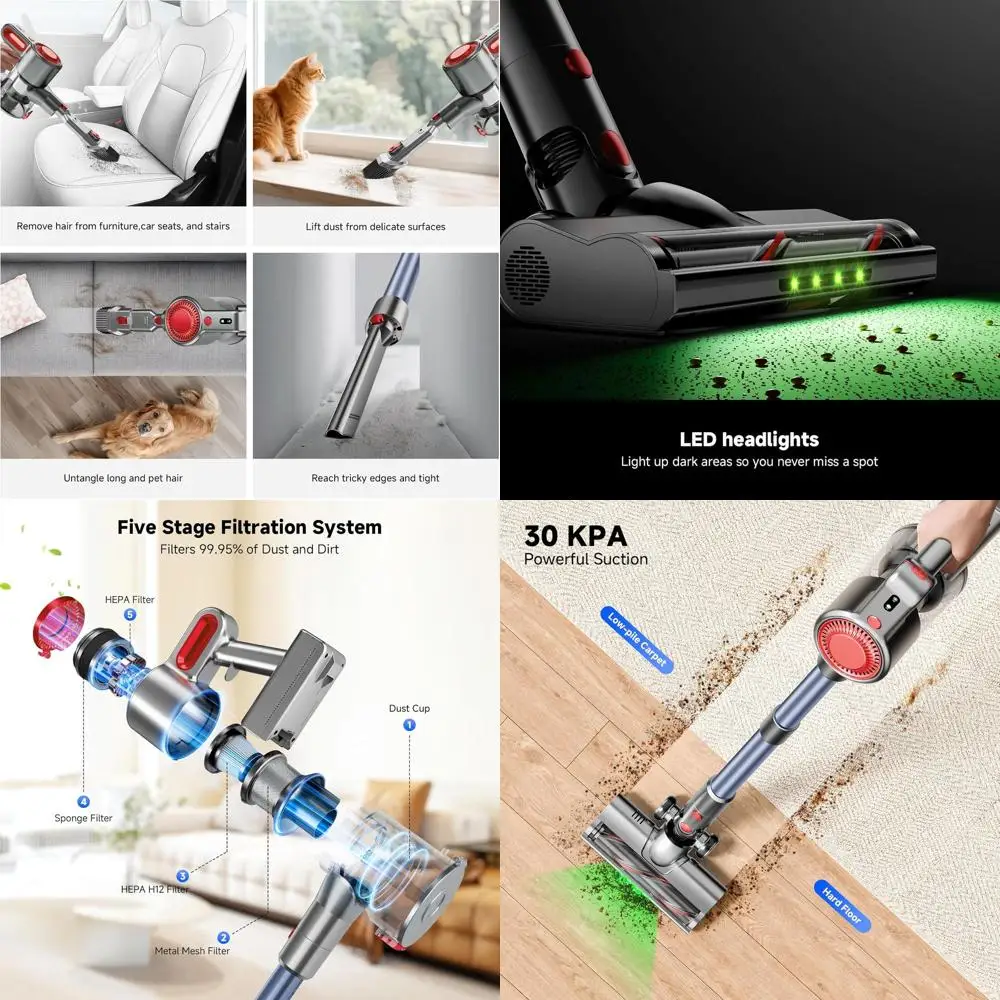 

Powerful Cordless Stick Vacuum Cleaner, Rechargeable Battery, Anti-Tangle Brush, 6-in-1 Lightweight for Pet Hair, Hard Floors, C