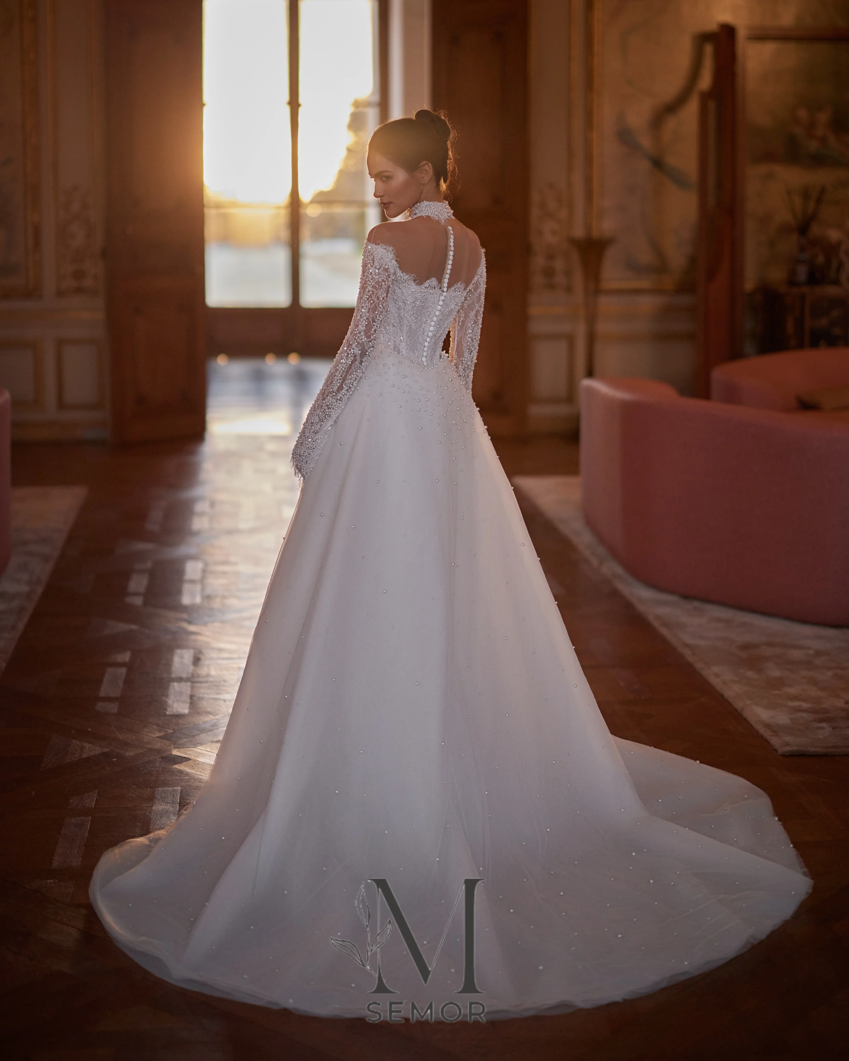Semor Luxury Long Sleeve Lace Wedding Dress Pearl Beaded Two Pieces Romantic vestido de novia Detachable Train For Women 2027