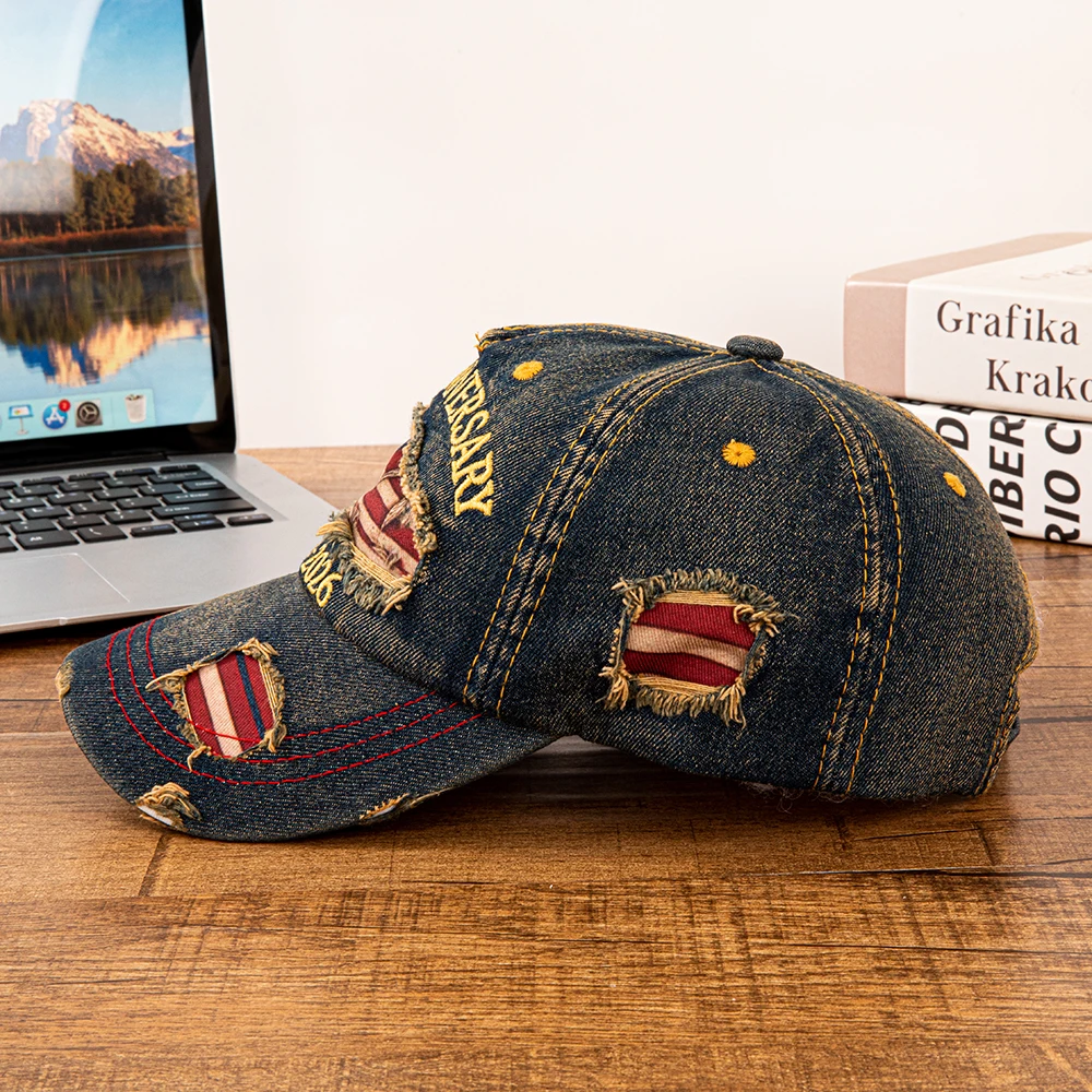 Vintage USA-Flagge 250. Jahrestag 1776-2026 Distressed Denim Baseballkappe Verstellbare Patriotische Vatertagsmütze für Männer und Frauen – Detail 4
