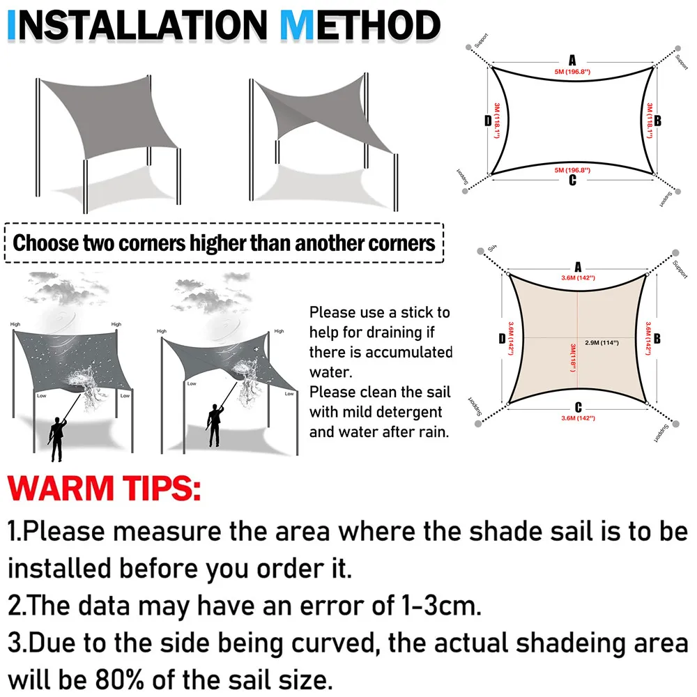 4x2/3/5/6M Rectangular Sun Sail Waterproof Sun Shelter Weather Protection Canopy UV Protection for Patio Balcony Garden Awning