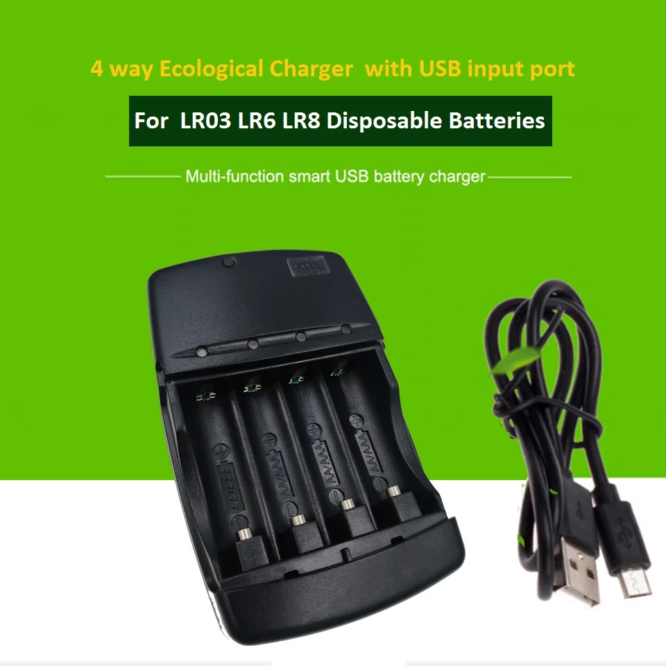 4 way Ecological Charger  with USB input port for  LR03 LR6 disposable Batteries and AA AAA Rechargeable alkaline Batteries