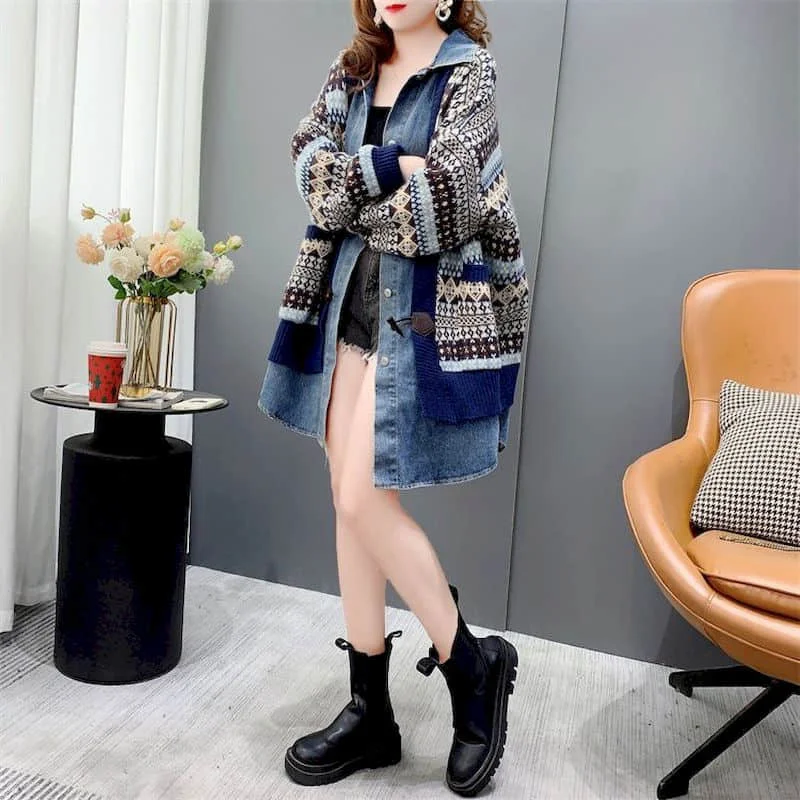 Maglioni cardigan lavorati a maglia per le donne cappotti larghi Casual Vintage oversize in Denim Patchwork top da donna a maniche lunghe in stile coreano