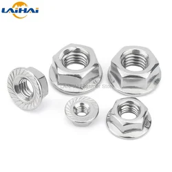 2/5/10/25pcs M3 M4 M5 M6 M8 M10 M12 High Quality Stainless Steel Hexagon Hex Head Serrated Spinlock Flange Nut Lock Nut DIN6923