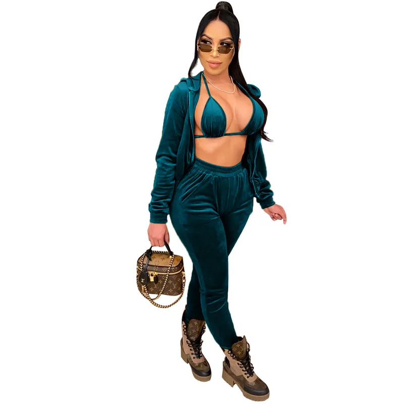 Women Tracksuit Velvet 3 Piece Set Long Sleeve Hooded Zipper Sweatshirt Casual Pants and Bra Top Femme Outfits Sweatsuits