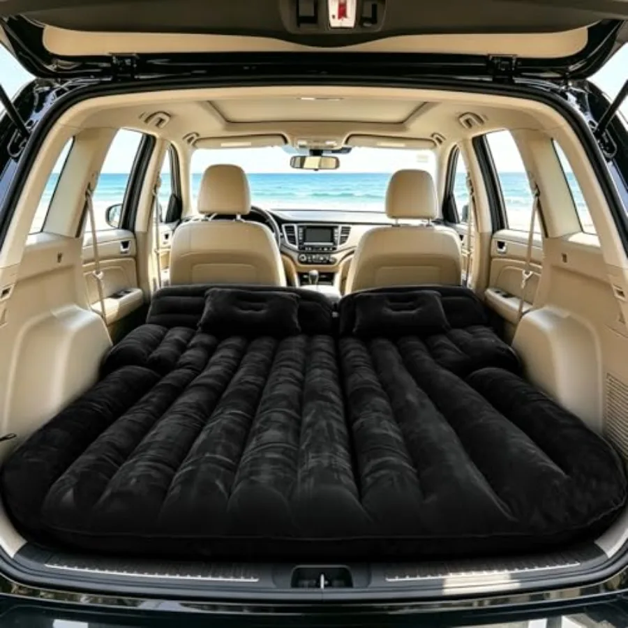 

Inflatable SUV Air MattressThickened Flocking Car Travel Camping Bed with 2 Pillows and Air Pump Portable Car Sleeping Mattress