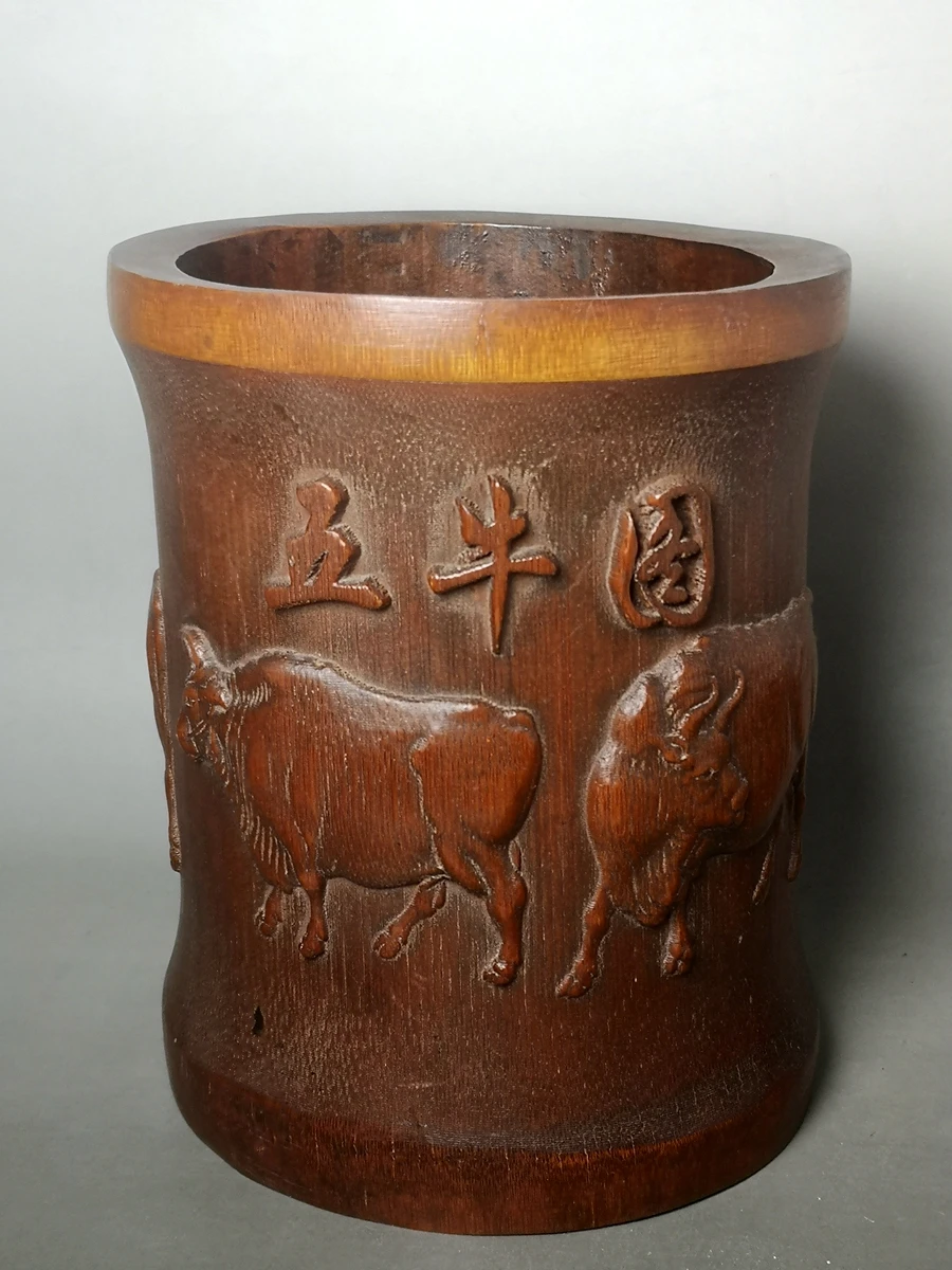 1919 Antique art Size 6.2 Inch Old Antique Chinese art Bamboo Hand Carved Five bull ox QNDW brush pot desk Table ornament