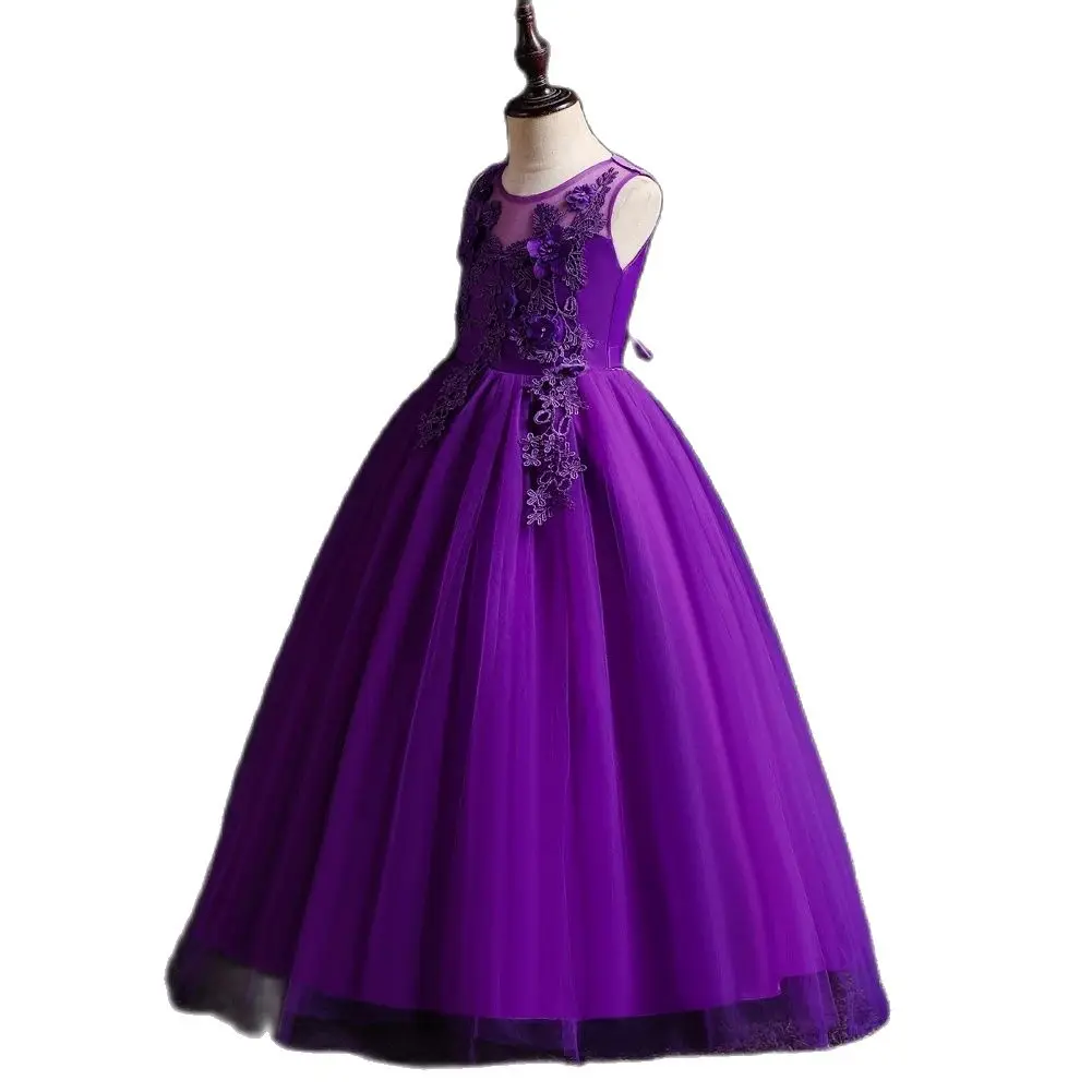 Abito lungo viola New Girl Flower abito da principessa ricamato con palla per bambini da 4 a 14 anni abbigliamento da festa per ragazza