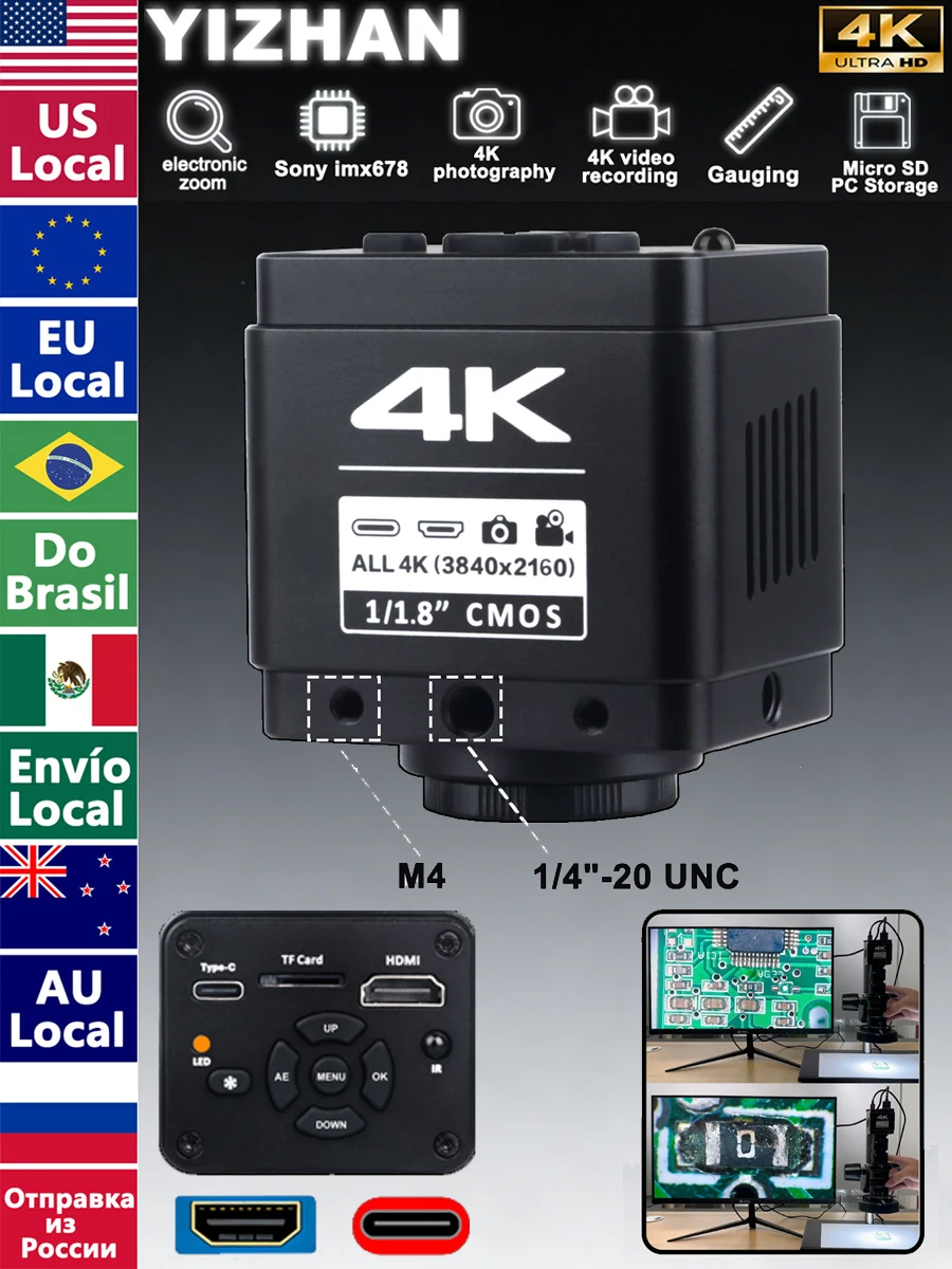 YIZHAN 4K Digital-Mikroskopkamera für Lötarbeiten, HDMI USB Industrielle Mikroskopkamera mit 1/1,8' IMX678 Sensor, C-Mount CS-Mount