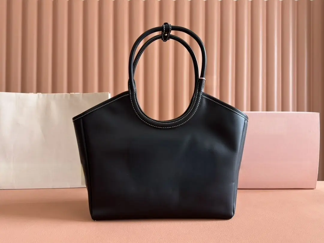 Black Smooth Leather Tote Bag with Contrast White Stitching & Double Top Handles