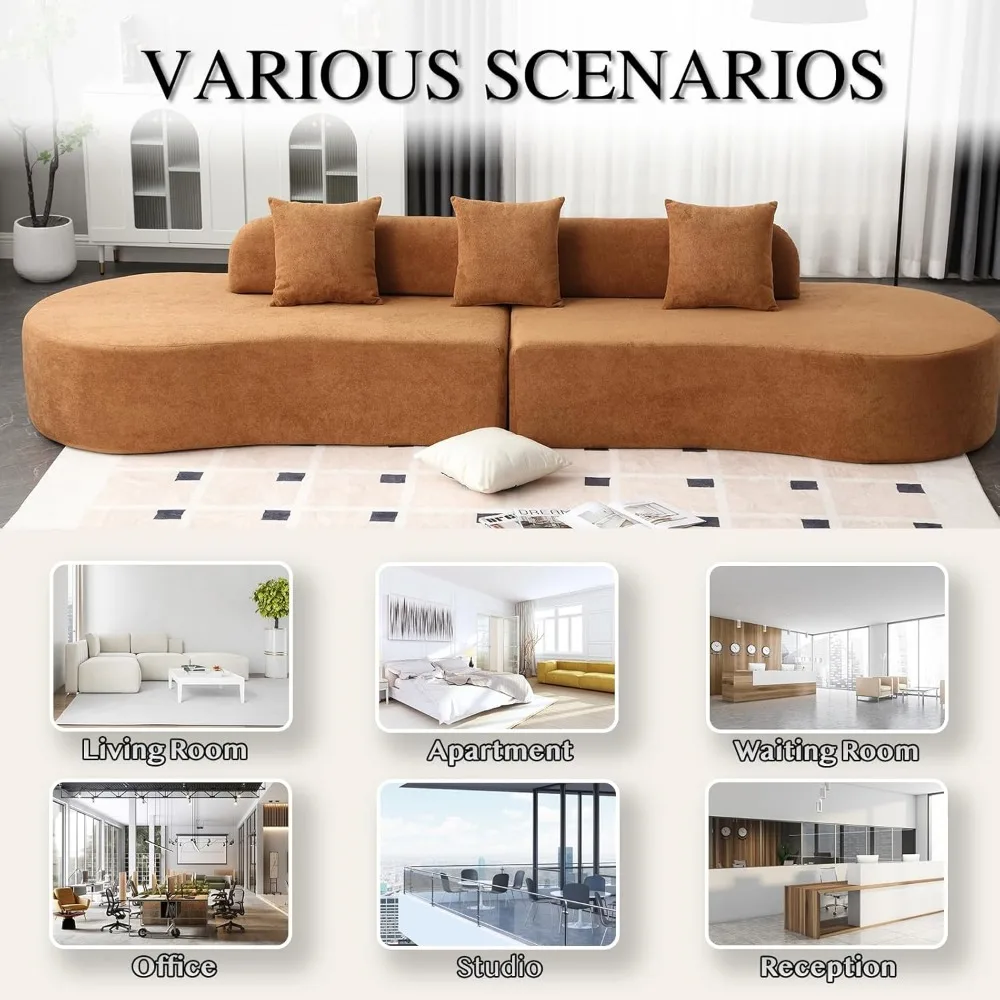 أريكة حديثة مقطعية بأربعة مقاعد مع 3 وسائد، أريكة وحدات مريحة على طراز السحابة، تصميم بسيط من قماش تيريكل منحني للاسترخاء #6