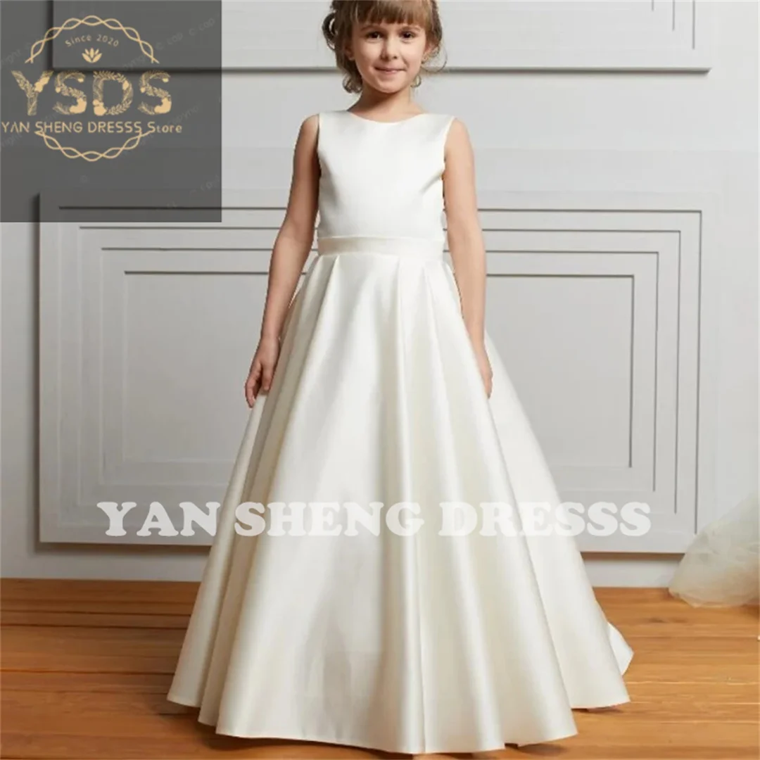 

Simple Elegant white Satin Bow Decoration Sleeveless Birthday Dress For Wedding Party Prom Holy Communion Dresses