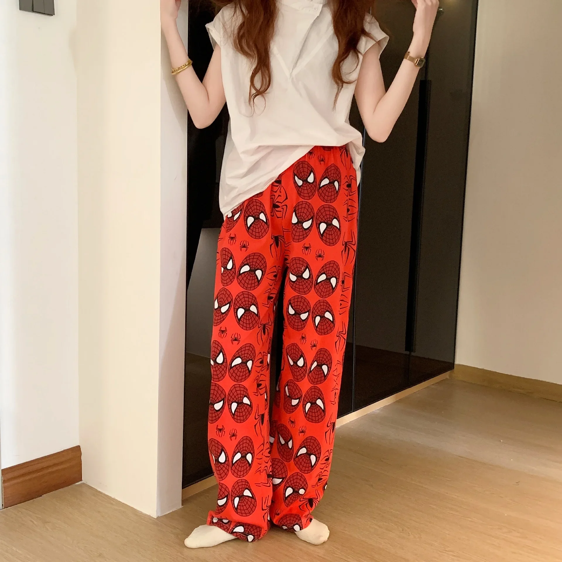 Y2k hello kitty homem-aranha algodão solto senhoras calças de pijama calças femininas dos desenhos animados sleep bottoms lounge wear menina presente