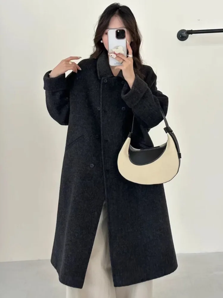 ZMEENNA Damen Zweireihiger Langer Mantel aus Wollmischung, elegante Winterjacke, lässig, einfarbig, übergroße Oberbekleidung ZM3634