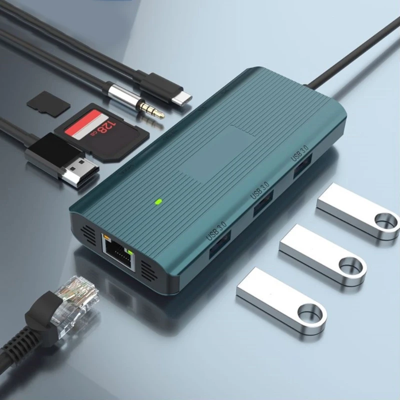 

Концентратор USB C, многопортовый адаптер типа C 9 в 1 с портом Ethernet 1000M, порт HDTV 4K30 Гц, 3 порта USB3.0, зарядка 100