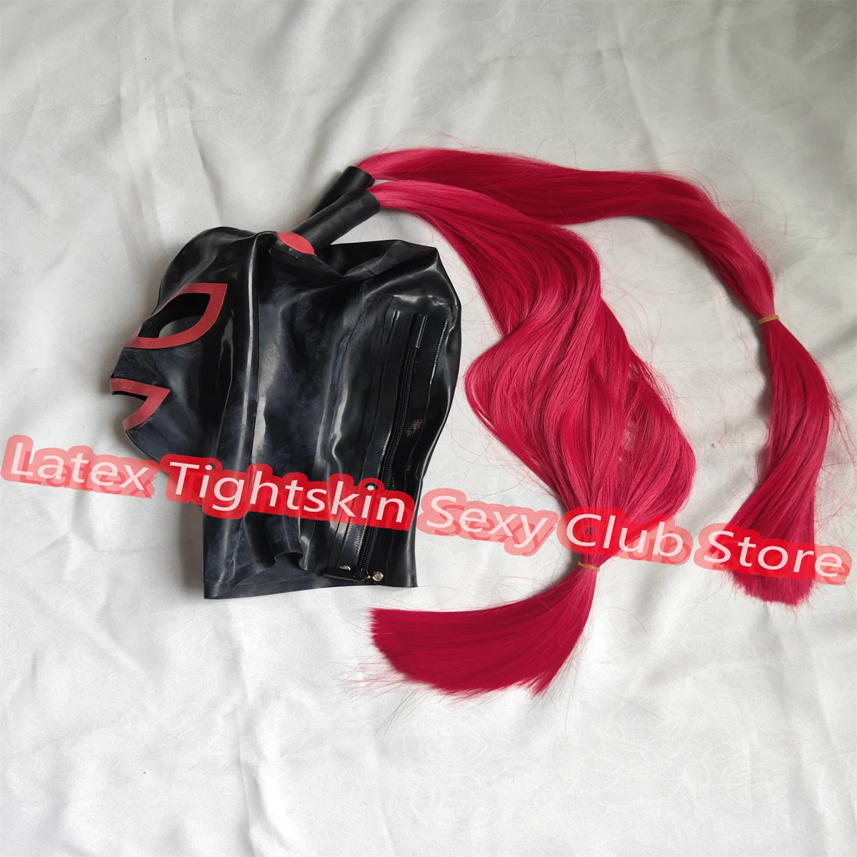 

Female Latex Mask Rubber Hood Red with Wig Cosplay Party Mask with Back Zipper for Women