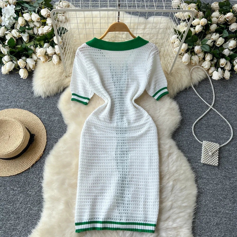 Chic Patchwork Elegant  Polo-Neck Casual Short Sleeve Single Breasted Hollow Out Dresses Vintage Korean Fashion Women Clothing