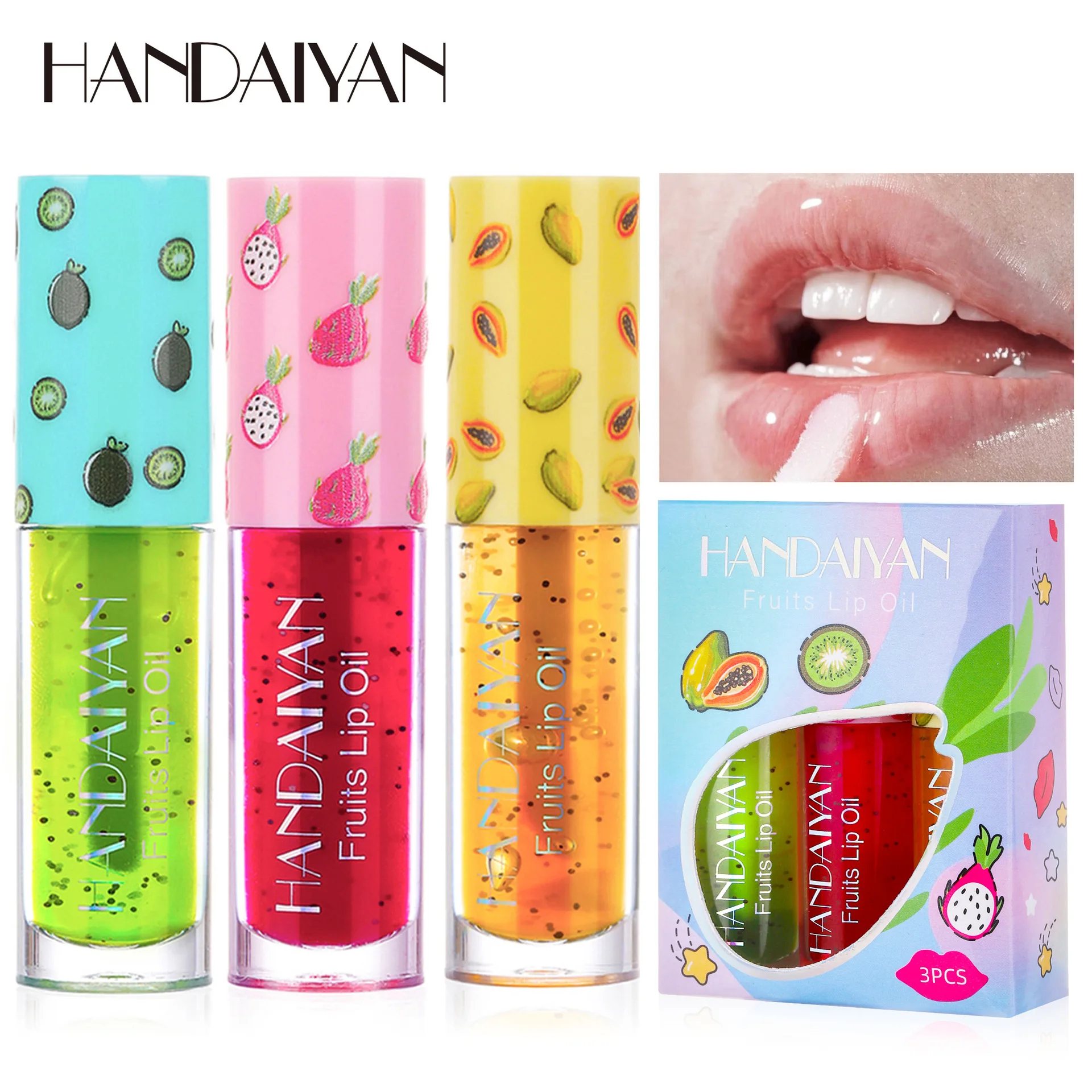 Pintalabios hidratante con sabor a fruta popular, Europa y Estados Unidos, esmalte de labios, brillo de labios, tres juegos de maquillaje en caja