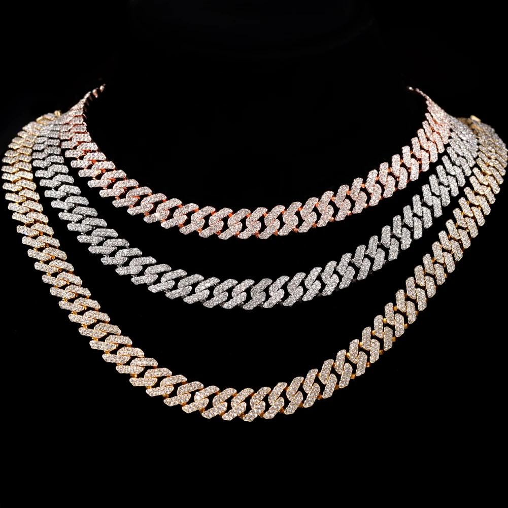 12MM Rose Gold Color Miami Cuban Link Chain Necklace Iced Out Bling Rhinestone Cuban Choker Necklace Women Men Hip Hop Jewelry