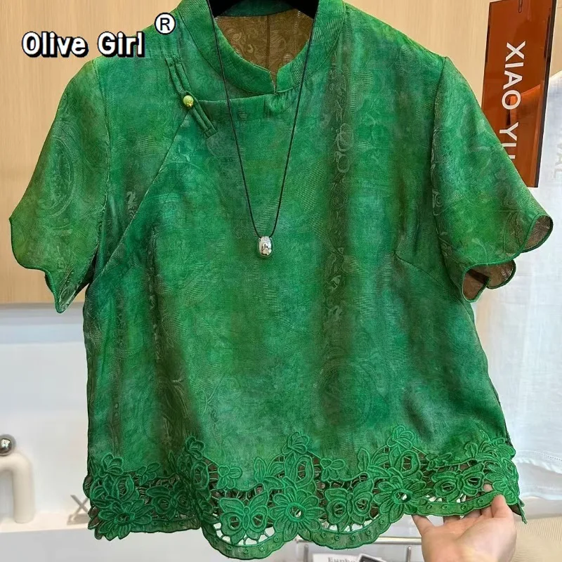Olivegirl 2026 Luxury Shirt Short Sleeve Green Blouse Flower Lace cut-out pattern Women's Blouse Top Clothing Traditional