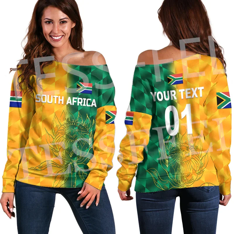 Custom Name Africa Country South Africa Flag Tattoo 3DPrint Harajuku Women Funny Casual Off Shoulder Sweatshirts Long Sleeves X2