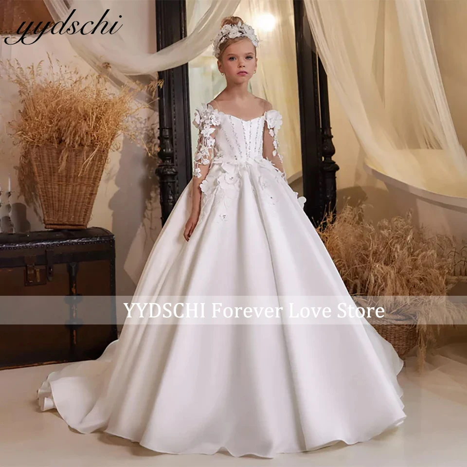 

Luxury White Satin 3D Floral Appliques Flower Girl Dress For Wedding 2024 Sparkly Sequined Long Sleeves First Communion Gowns