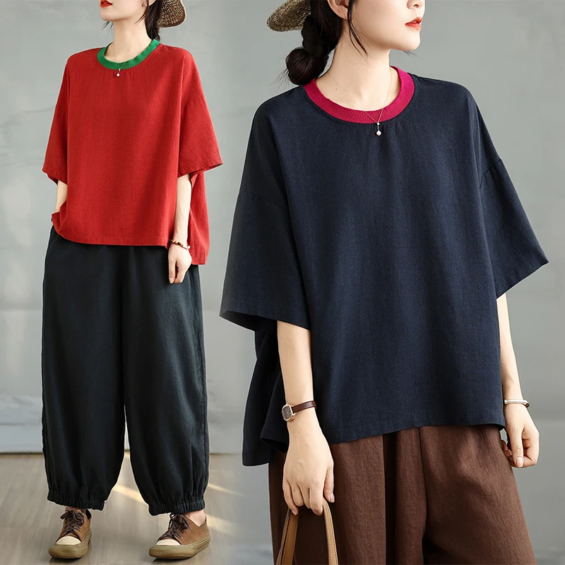 

Новая летняя свободная повседневная цветная футболка с цветочным воротником из льняного материала, женская удобная дышащая круглая футболка Ne ort Sve Top