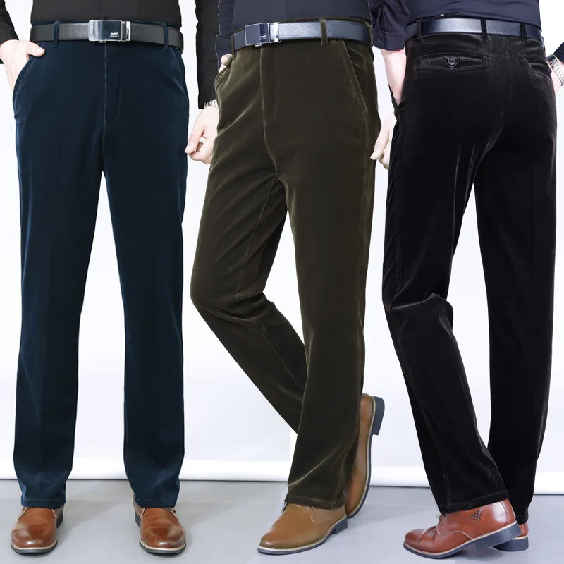 Autumn Winter Men Fleece Lined Corduroy Pants High Waist Loose Straight Casual Trousers For Middle Aged Elderly