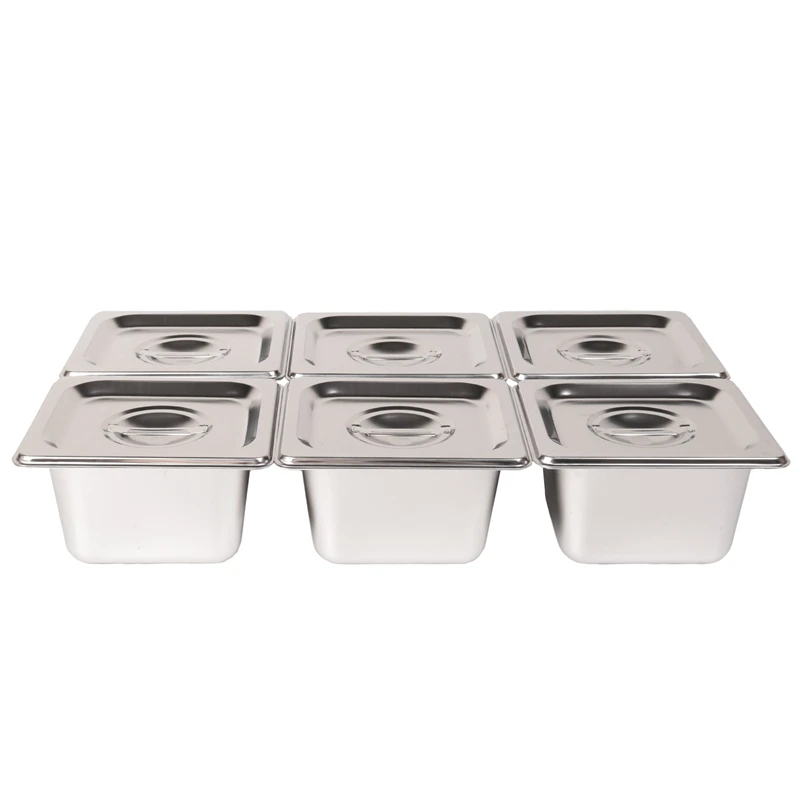 6 Pack Anti-Jam Slotted Hotel Pans With Lids, 1/6 Size 4 Inch Deep, Commercial 18/8 Stainless Steel Steam Table Food Pan