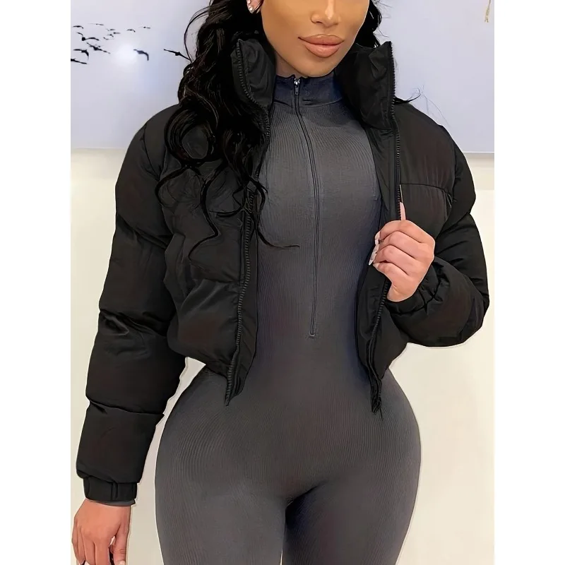 المرأة الجديدة المرقعة سترة منتفخة أبلى بلون شتاء دافئ سستة المحاصيل الأعلى #1