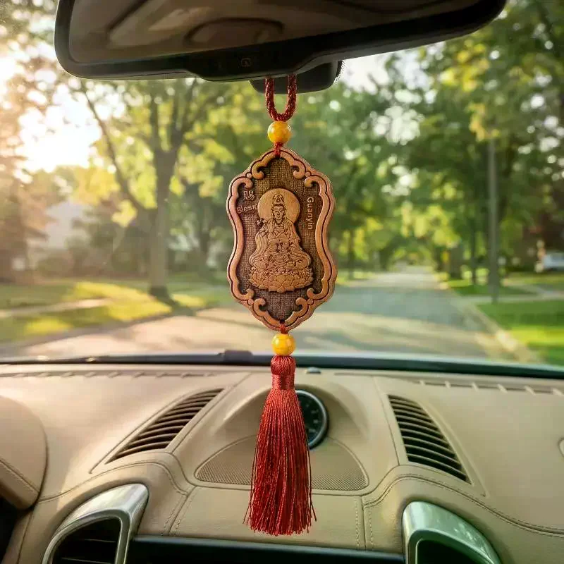 

Wooden Carved Guanyin Ornament Chinese Traditional Peach Wood Car Pendant All The Best Rearview Mirror Interior Wooden Art Craft
