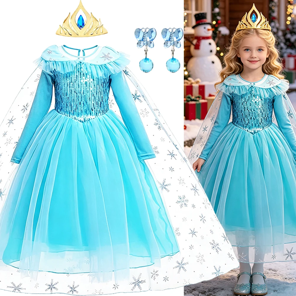 Girls Dusty Blue Long Sleeve Ball Gown Snowflake Print Cape Fancy Dress Costume for Kids Book Week Parade Halloween Birthday