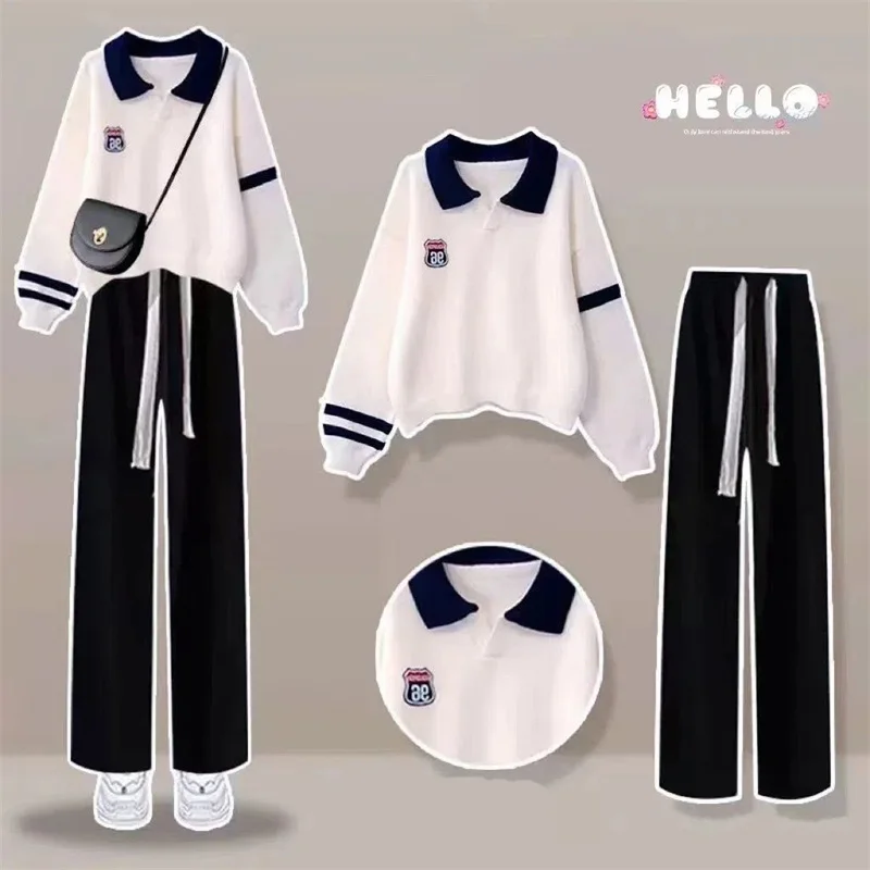 2023 Summer New Style College Polo Shirt Casual Sports Wide Leg Pants Two-piece Elegant Women Tracksuit Running Outfits