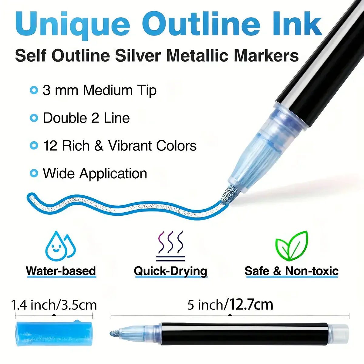 12 Colors double line outline Metallic Highlighter marker pens, Super Squiggles Double Line Pen, Magic Glitter Drawing Pens